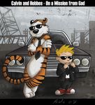  2008 3_toes 4_fingers acidic bill_watterson blonde_hair blues_brothers calvin calvin_and_hobbes car crossed_arms crossover dodge duo eyewear feline hair harmonica hobbes human leaning male mammal musical_instrument necktie smile sneakers suit sunglasses tattoo text tiger toes 