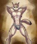  abs abstract_background arms_behind_head biceps black_nose brown_fur bulge clothed clothing feline flexing fur green_eyes grey_fur grin half-dressed looking_at_viewer lynx male mammal markings muscles pecs pinup pose smile solo standing stripes teeth toned topless torrent_(artist) underwear 