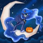  2014 blue_eyes blue_hair crown cutie_mark equine female feral friendship_is_magic hair halloween holidays horn looking_up mammal moon my_little_pony necklace princess_luna_(mlp) pumpkin solo space sparkles standing star swanlullaby winged_unicorn wings 