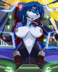  2014 anthro big_breasts blue_fur breasts canine clothed clothing female fox fur green_eyes half-dressed krystal mammal nintendo nipples shonuff solo spread_legs spreading star_fox suit sweat tight_clothing video_games 