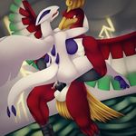  anthro anthrofied avian bird breasts cum duo female flight flying ho-oh lugia male nintendo penis phoenix pok&eacute;mon popesslodovica reptile scalie sea sex side_boob stand_and_carry_position standing storm straight video_games water 
