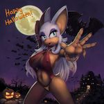  2014 anthro bat big_breasts blue_eyes breasts building clothed clothing drxsmokey english_text eyelashes female halloween holidays mammal moon navel night open_mouth outside pumpkin rouge_the_bat sega skimpy sonic_(series) standing text wings 