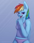  abstract_background anthro blue_fur breasts clothing equine feathers female friendship_is_magic fur hair hooves long_hair looking_at_viewer mammal multicolored_hair my_little_pony open_mouth panties pegasus pink_eyes presenting rainbow_dash_(mlp) shirt smile solo staggeredline standing tank_top tongue tongue_out underwear wings 