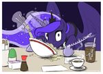  2014 blue_eyes blue_hair bowl chopsticks coffee crown cup eating equine female feral food friendship_is_magic glowing hair horn joieart levitation looking_at_viewer magic mammal my_little_pony necklace noodles princess_luna_(mlp) ramen solo soy_sauce sparkles steam table winged_unicorn wings 