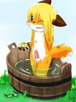  anthro bath blonde_hair bubble bucket canine clyndemoon cub dirty ears_drooped erection eyewear fox fur girly glasses grass hair jcfox laugh male mammal nude one_eye_closed orange_fur outside penis red_fox sheath sky smile soap solo water wet white_fur wink young 