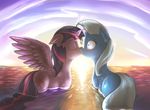  2014 blue_fur blush cutie_mark duo equine eyes_closed female feral friendship_is_magic fshydale fur hair horn kissing lesbian mammal my_little_pony outside purple_fur trixie_(mlp) twilight_sparkle_(mlp) water winged_unicorn wings 