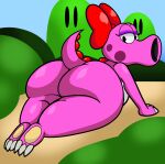  2022 4k absurd_res accessory anthro big_butt birdo blue_eyes breasts butt detailed_background digital_media_(artwork) eyelashes eyeshadow feet female fingers hair_accessory hair_bow hair_ribbon hi_res huge_butt looking_at_viewer looking_back lying makeup mario_bros multicolored_body multicolored_scales nintendo nude on_front outside pink_body pink_scales ribbons scales short_tail solo someth1ngoranother thick_thighs toes two_tone_body two_tone_scales video_games white_body white_scales wide_hips 