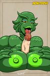  anthro big_breasts big_lips breasts creature_from_the_black_lagoon disembodied_penis doomington duo fellatio female first_person_view gillwoman green_skin huge_breasts licking male mammal monster monster_girl oral orange_eyes penis plain_background saliva scales sex straight titfuck tongue tongue_out yellow_sclera 