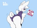  anthro bent_over big_butt blush butt clothing cupcake_(oriole) female lagomorph looking_at_viewer looking_back mammal oriole_(artist) rabbit solo standing text tight_clothing 