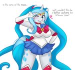  &lt;3 anthro blue_eyes blue_hair blush breasts cat-named-fish clothing costume cutie_mark digital_media_(artwork) equine fan_character female fur hair hooves horn long_hair looking_at_viewer mammal my_little_pony one_eye_closed plain_background sailor_moon smile solo standing text two_tone_hair unicorn white_fur wink 