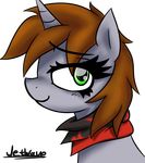  2014 brown_hair equine fallout_equestria fan_character female feral fur green_eyes grey_fur hair horn jetwave littlepip looking_at_viewer mammal my_little_pony portrait scarf solo translucent unicorn 