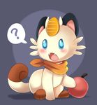  3_fingers 3_toes ? ambiguous_gender amulet apple black_ears blue_eyes blush curled_tail ende feral fruit grey_background meowth nintendo open_mouth plain_background pok&eacute;mon scarf sitting solo teeth toes video_games whiskers 