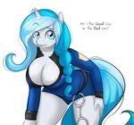  anthro big_breasts blue_eyes blue_hair breasts cat-named-fish cleavage clothed clothing costume cuffs digital_media_(artwork) equine fan_character female fur hair hooves horn long_hair looking_at_viewer mammal my_little_pony plain_background police presenting smile solo standing text two_tone_hair unicorn uniform white_fur 