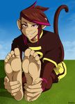  5_toes clothed clothing foot_focus hair hindpaw human_feet male mammal monkey paws plantigrade primate purple_eyes shorts smile soles solo stretching toes ythen 