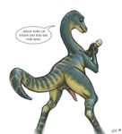  2014 anus back dinosaur dinotopia english_text erection feral holding looking_at_viewer looking_back male nude penis plain_background rear_view scalie scroll slate solo speech_bubble text white_background zippo_(dinotopia) 