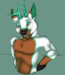  anthro antlers cervine chip darachi deer fur grin half_body hooves horn male mammal muscles pinup pose shaded smile solo 