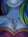  anthro anthrofied breasts candy chest_tuft cleavage close-up clothed clothing equine female friendship_is_magic fur grin hair horse long_hair mammal my_little_pony plain_background pony rainbow_dash_(mlp) silverfox057 smile solo teeth tuft 