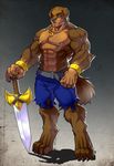  2014 abs anthro biceps big_muscles black_nose blue_eyes bracelet brown_fur canine claws clothed clothing dog fliegen80s fur grin half-dressed jewelry looking_at_viewer male mammal muscles necklace nipple_piercing nipples pecs piercing pose shorts smile solo standing sword toe_claws toned topless torn_clothing weapon 