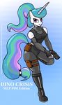  anthro anthrofied breasts clothed clothing duragan equine female friendship_is_magic fur gun hair horn mammal multicolored_hair my_little_pony pistol princess_celestia_(mlp) raised_leg ranged_weapon smile standing text unicorn weapon white_fur 