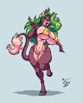 2014 anthro big_breasts bikini breasts brown_fur canine cleavage clothed clothing demon eltonpot eyes_closed fangs female fur green_hair hair hellhound hooves horn lips long_hair mammal monette navel pink_nose side_boob smile solo standing succubus swimsuit teeth thick_thighs under_boob wide_hips 