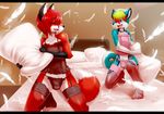  anthro arm_warmers bed blonde_hair blue_fur bulge canine clothed clothing crossdressing duo ear_piercing eyes_closed feathers fox fur girly hair legwear lingerie male mammal panties piercing pillow pillow_fight red_fur red_hair smile sollyz stockings underwear 