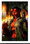  candle cleavage clothed clothing crossgender female gun hellboy humanoid midriff pistol ponytail ranged_weapon red_skin revolver weapon yello_eyes 
