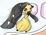  &lt;3 bed black_hair blanket blush concave_(artist) english_text female hair looking_at_viewer mawile nintendo pillow pok&eacute;mon red_eyes solo teeth text video_games 