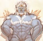  abs anthro biceps big_muscles blue_fur final_fantasy final_fantasy_x fur grey_nose hair horn istani kimahri looking_at_viewer male muscles nude orange_eyes pecs plain_background pose ronso solo standing toned video_games white_background white_fur white_hair 