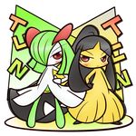  anthro black_hair blush concave_(artist) dress duo english_text female green_body green_hair hair horn humanoid kirlia looking_at_viewer mawile nintendo pok&eacute;mon red_eyes tan_body teeth text video_games young 