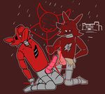  anal anthro balls big_penis blush bottemless canine clothed clothing crisis-omega eyes_closed five_nights_at_freddy&#039;s fox foxy_(fnaf) gay group half-dressed knot machine male mammal mechanical metal open_mouth penis plain_background prison raining red_background robot teeth topless vein weapon 