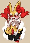  animal_genitalia anthro balls blush braixen canine canine_penis cum cum_taste erection fox male mammal nintendo ohmuu penis pok&eacute;mon red_eyes simple_background solo stick video_games 