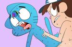  anthro black_eyes blue_fur brown_hair cat dipper_pines disney duo feline fur gravity_falls gumball_watterson hair human human_on_anthro interspecies male mammal red_nose sex sweat the_amazing_world_of_gumball tongue tongue_out 
