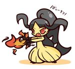  black_hair concave_(artist) female fire hair japanese_text mawile nintendo open_mouth plain_background pok&eacute;mon red_eyes solo teeth text video_games 