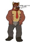  abs anthro barefoot biceps black_nose brown_fur brown_hair bulge canine clothed clothing colored dog fangs fur hair half-dressed looking_at_viewer male mammal muscles necktie nipples open_mouth pants pecs plain_background pose solo striptease teeth tongue topless underwear undressing vasuki white_background 