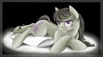  abstract_background bedroom_eyes black_hair cutie_mark equine female feral friendship_is_magic fur grey_fur hair hooves horse long_hair looking_at_viewer lying mammal my_little_pony octavia_(mlp) pillow pony purple_eyes rulsis smile solo 