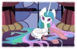  2014 autumndeer bed butt english_text equine female feral friendship_is_magic hair horn long_hair looking_at_viewer mammal multicolored_hair my_little_pony princess_celestia_(mlp) socks solo text winged_unicorn wings 