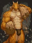  abs anthro biceps big_muscles blue_eyes brown_skin bulge carrying clothed clothing half-dressed hay horn lizard loincloth looking_at_viewer male muscles nipples pecs pockyrumz pose reptile scales scalie solo standing thorny_devil toned topless yellow_skin 