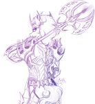  2014 anthro anthrofied armor axe equine evehly eye_mist fangs friendship_is_magic hair horn king_sombra_(mlp) looking_at_viewer looking_back male mammal monochrome my_little_pony pose slit_pupils solo spikes unicorn weapon 