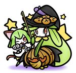  animal_ears bell blush broom cat_ears cat_tail collar concave_(artist) cosplay feline female flower green_hair hair halloween hat holidays jack_o&#039;_lantern lilligant looking_at_viewer magic_user mammal nintendo one_eye_closed open_mouth plain_background plant pok&eacute;mon pumpkin red_eyes video_games wink witch witch_hat 