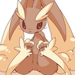  ambiguous_gender big_ears blush brown_body crepix floppy_ears lagomorph looking_at_viewer lopunny mammal nintendo pink_nose plain_background pok&eacute;mon red_eyes sitting solo spread_legs spreading video_games white_background 