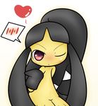  &lt;3 black_hair blush concave_(artist) female hair looking_at_viewer mawile nintendo one_eye_closed plain_background pok&eacute;mon red_eyes solo video_games wink 