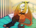  2014 anthro anthrofied avante92 avian beak bed bound breasts brown_fur butt collar female friendship_is_magic fur gilda_(mlp) gryphon hair inside looking_at_viewer my_little_pony nipples on_bed pillow pussy solo white_hair wings yellow_eyes 