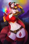  2014 anthro belt big_breasts breasts canine cape cleavage clothed clothing female fingerless_gloves fox gloves hair hat hi_res horn kammymau legwear looking_at_viewer mammal midriff red_eyes skimpy solo stockings twisted_fate underwear 