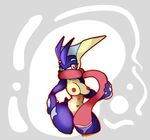  2014 amphibian anthro breasts female frog greninja looking_at_viewer navel nintendo nipples nude plain_background pok&eacute;mon red_eyes sirphilliam_(artist) solo tongue tongue_out video_games 