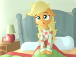  2014 apple_bloom_(mlp) awake bed bed_head big_macintosh_(mlp) blonde_hair equine female frankier77 freckles friendship_is_magic granny_smith_(mlp) green_eyes hair horse lamp mammal messy_hair my_little_pony nightstand pajamas picture_frame pillow pony sitting solo 