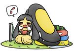  ambiguous_gender black_hair blush concave_(artist) eating hair hose looking_at_viewer mawile nintendo open_mouth pok&eacute;mon red_eyes solo teeth video_games water watermelon 