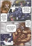  abs bed biceps bomb_(artist) comic cum duo english_text feline gay green_eyes grin japanese_text leopard licking lion lying male mammal muscles nipples panther pecs penis pillow text tongue tongue_out 