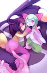  2014 anthro black_hair blush breasts butt duo female green_hair hair humanoid kirlia looking_at_viewer mawile mega_evolution mega_mawile nintendo one_eye_closed open_mouth pink_eyes pok&eacute;mon pussy pussy_juice raikissu saliva tongue tongue_out video_games 