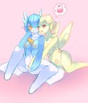  &lt;3 2014 anthro blue_hair blush breasts duo female gardevoir hair hi_res humanoid looking_at_viewer nintendo nude open_mouth orange_eyes pink_background plain_background poffin pok&eacute;mon pok&eacute;morph pussy raikissu shiny_pok&eacute;mon sitting smile togetic video_games 