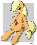  2014 anthro apple applejack_(mlp) blonde_hair cutie_mark equine female friendship_is_magic fruit fur green_eyes hair horse looking_at_viewer mammal my_little_pony orange_fur pony semi-anthro sitting solo strangerdanger 